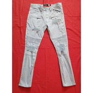 Makobi Jeans Mens 34x32 Skinny Leg Moto Light Blue Stretch Ripped Denim Zippers